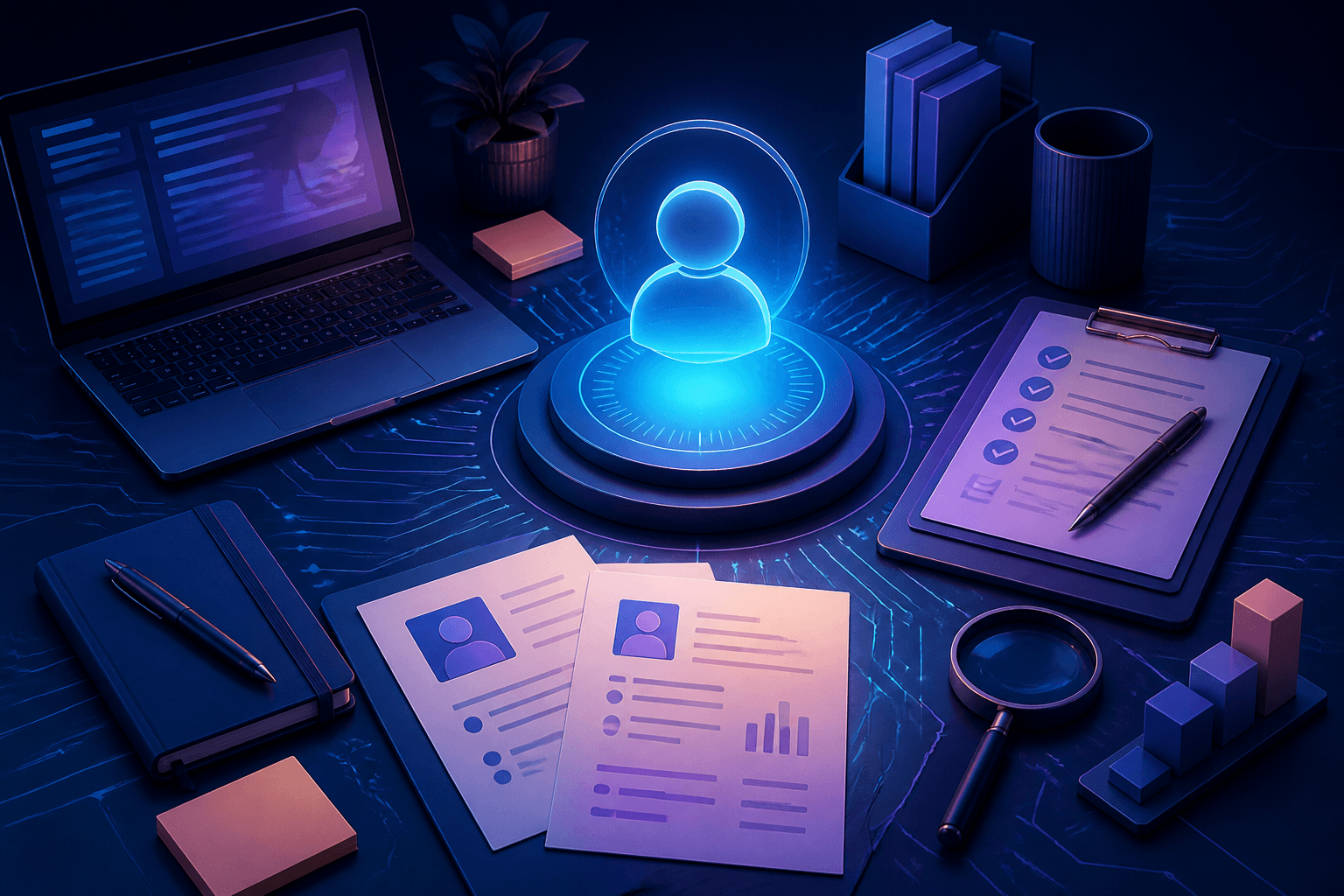 Editorial illustration for a guide on how to get a job at Arm, showing a modern hiring workflow, laptop, resume pages, and abstract office shapes in a dark blue and violet palette.