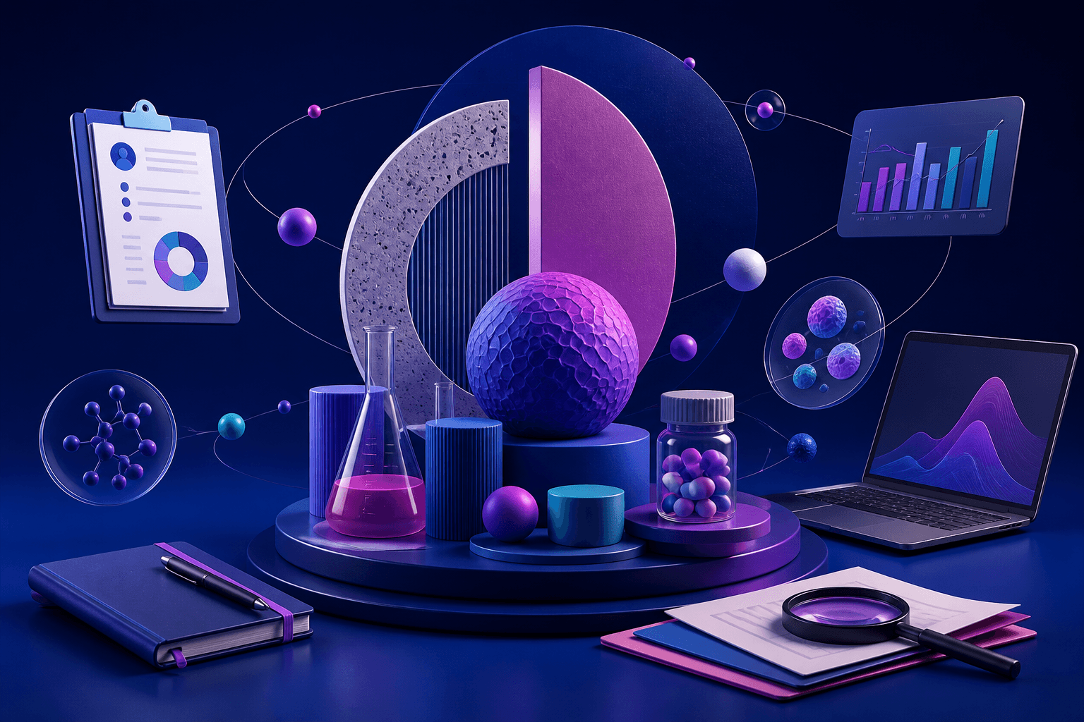 Editorial illustration for a job search guide about AstraZeneca hiring, showing healthcare, science, and digital work objects in a modern abstract layout.