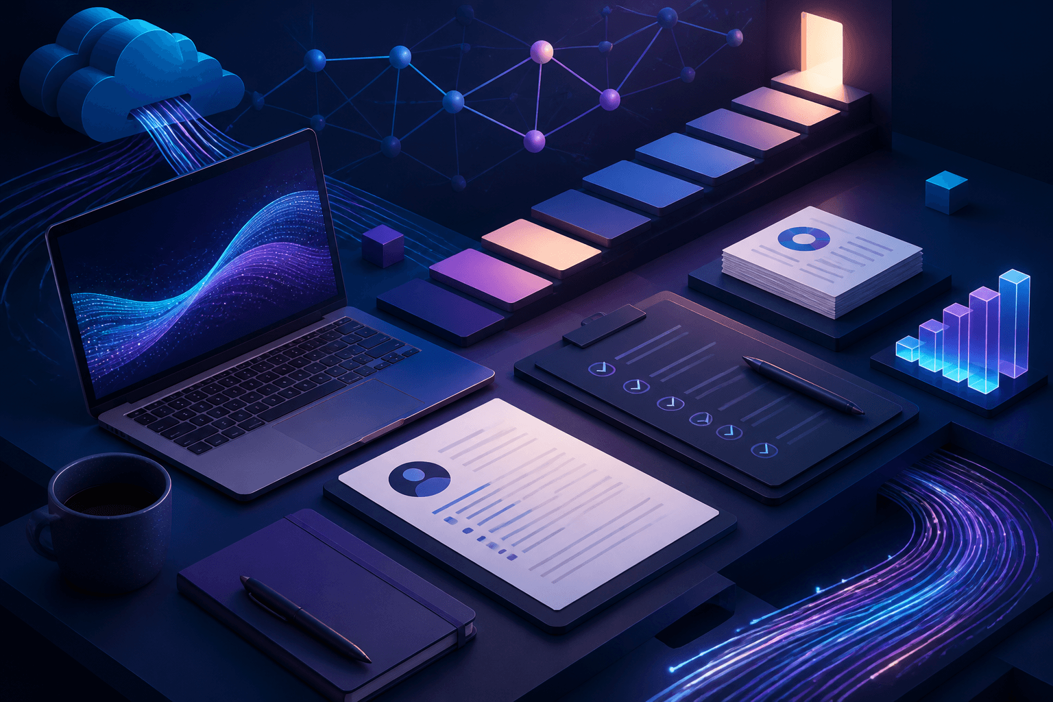 Modern editorial illustration of a telecom hiring workflow with network nodes, analytics charts, and interview notes on a dark blue and violet background.