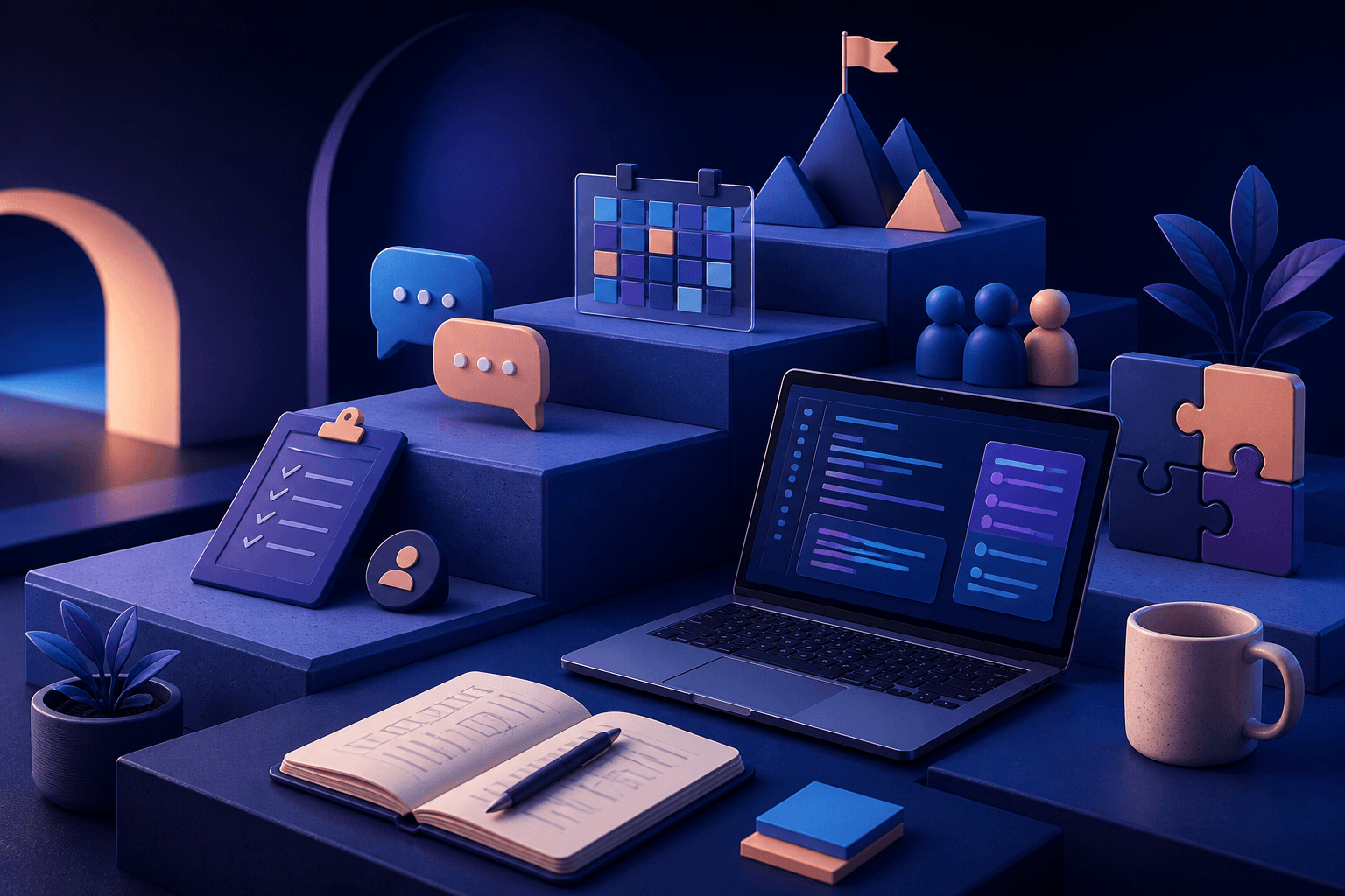Editorial illustration for a guide on how to get a job at Atlassian, showing a modern distributed workplace with abstract screens, interview notes, and teamwork elements.
