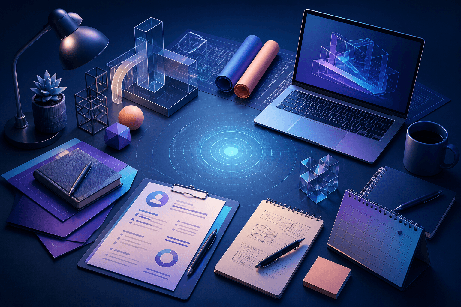 Editorial illustration for a guide on how to get a job at Autodesk, showing a modern job-search workspace with resume pages, interview notes, and abstract software and engineering imagery in dark blue, violet, and cyan tones.