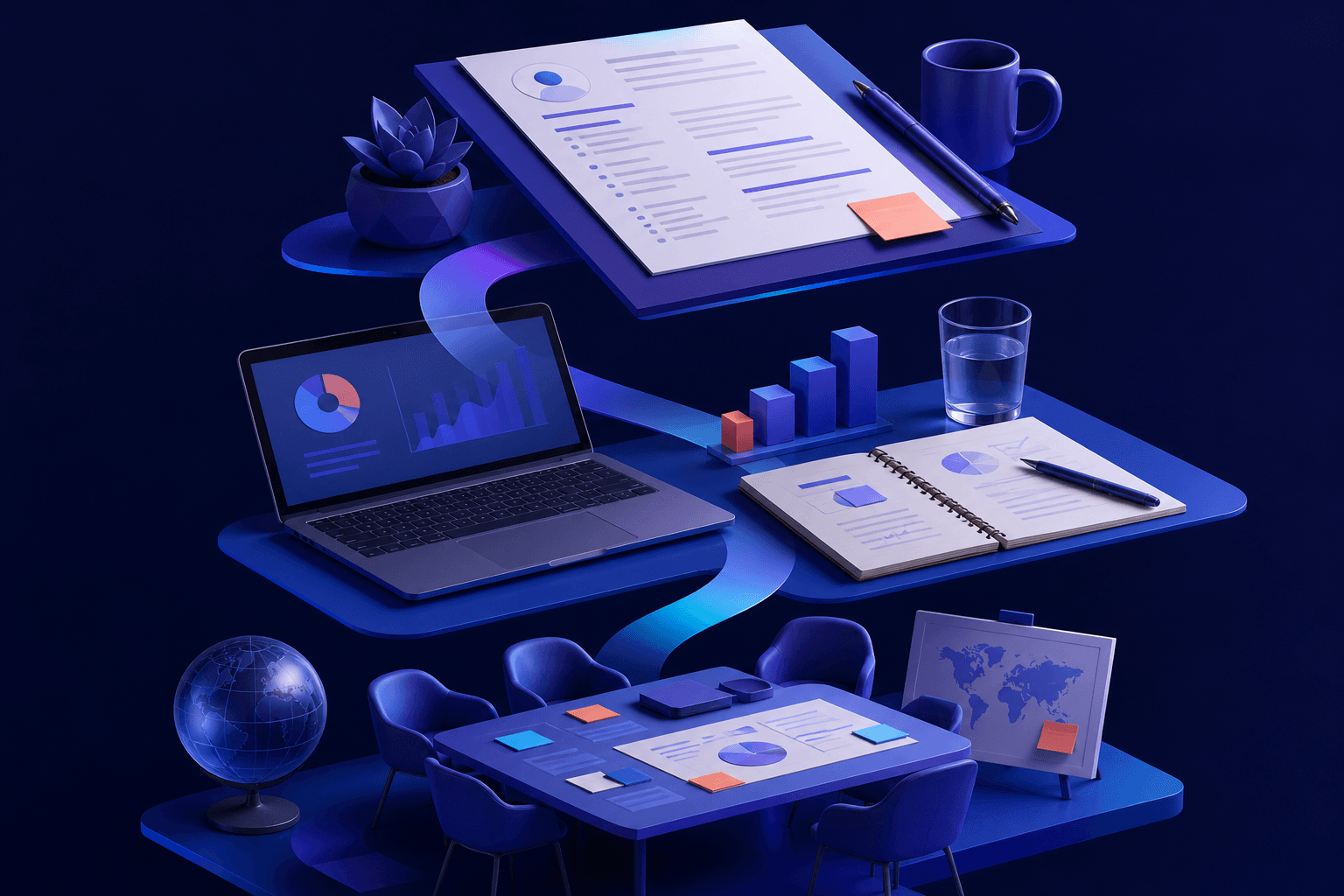Editorial illustration for a guide on how to get a job at Bain & Company, showing interview prep, resumes, and consulting problem-solving in a modern office setting.