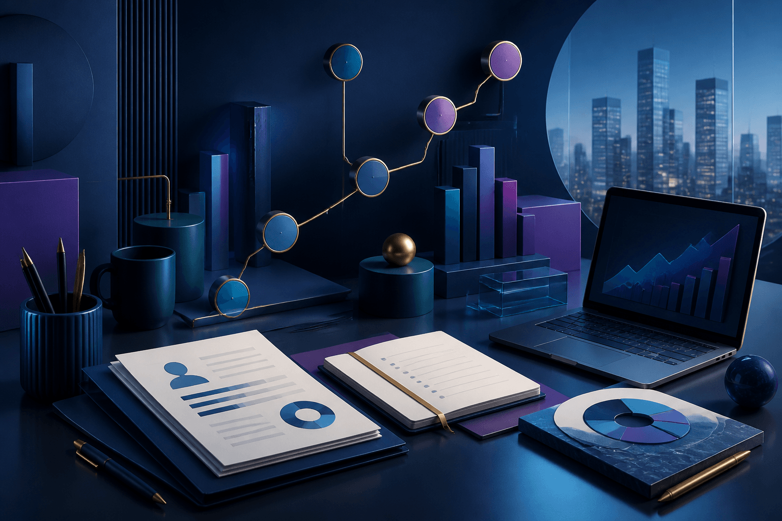 Editorial illustration for a Barclays hiring guide showing finance and technology work themes, interview prep materials, and abstract workplace elements in a dark blue and violet palette.