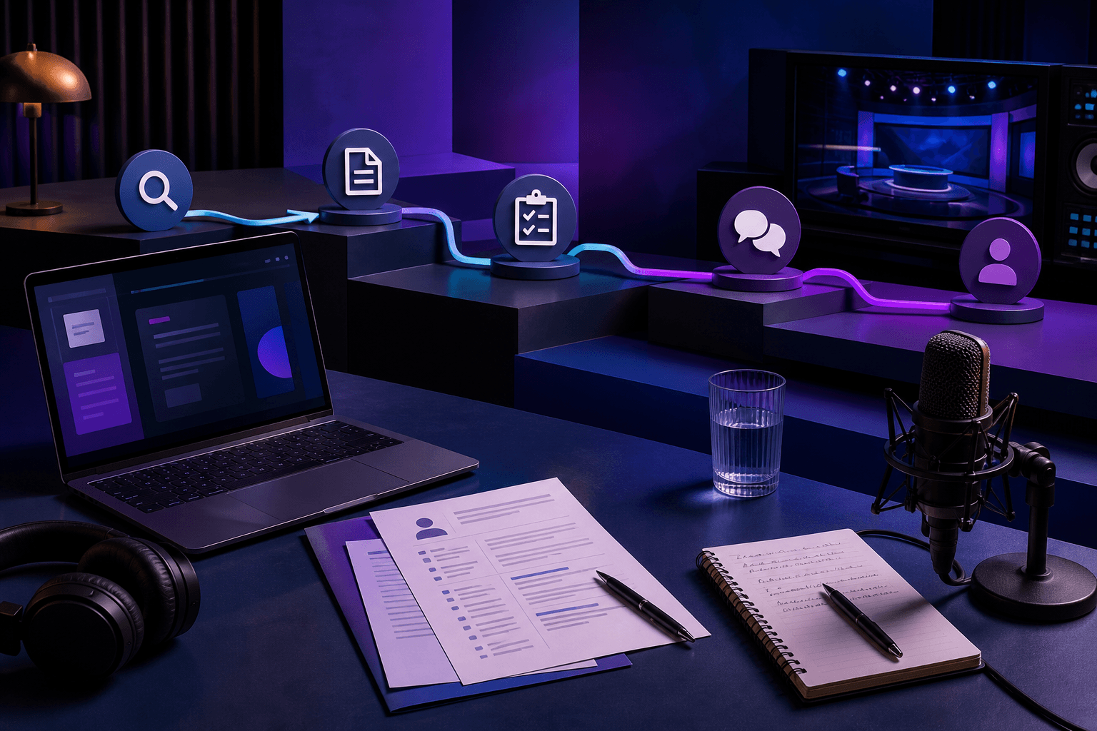 Editorial illustration for a guide on how to get a job at BBC, showing a media and hiring workspace with resume documents, interview notes, a microphone, laptop, and abstract career-path graphics in dark blue, violet, and cyan tones.