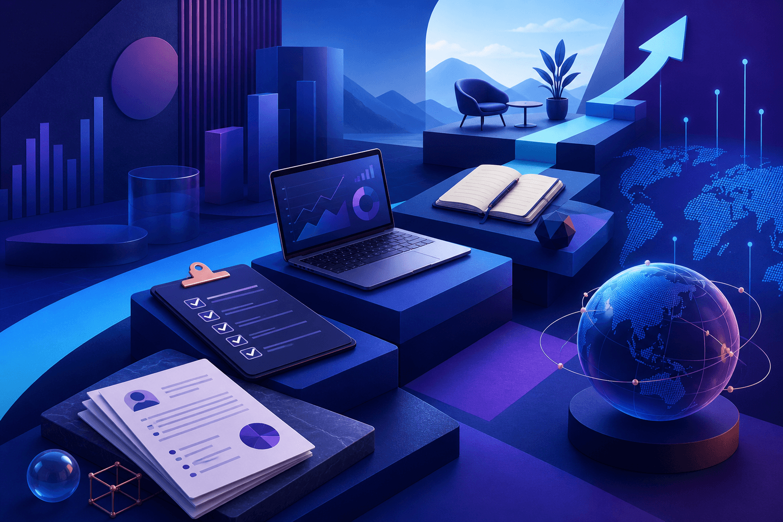 Editorial illustration for a guide on how to get a job at BearingPoint, showing a candidate roadmap, interview prep materials, and consulting symbols in a modern dark blue and violet palette.