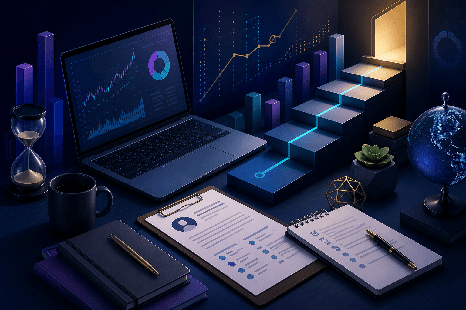 Editorial illustration for a BlackRock hiring guide showing a finance and technology themed workspace with abstract charts, interview notes, and modern office objects in a dark blue and violet palette.
