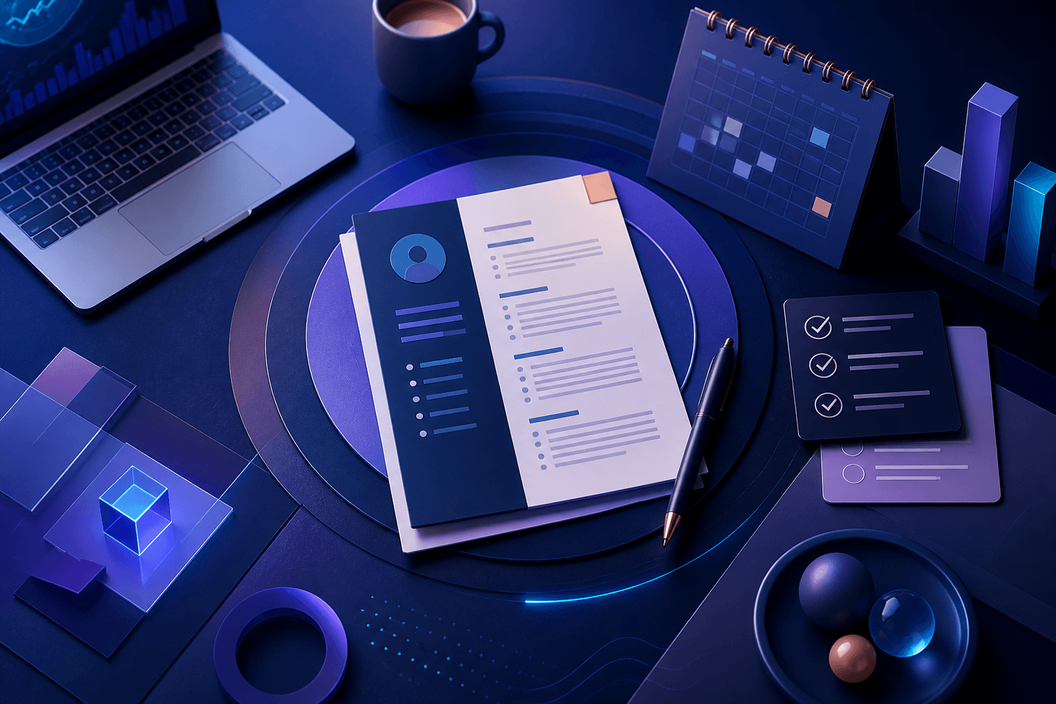 Editorial illustration for a guide on how to get a job at Block, showing a candidate workspace with a resume, laptop, checklist, and abstract technology shapes in dark blue, violet, and cyan.