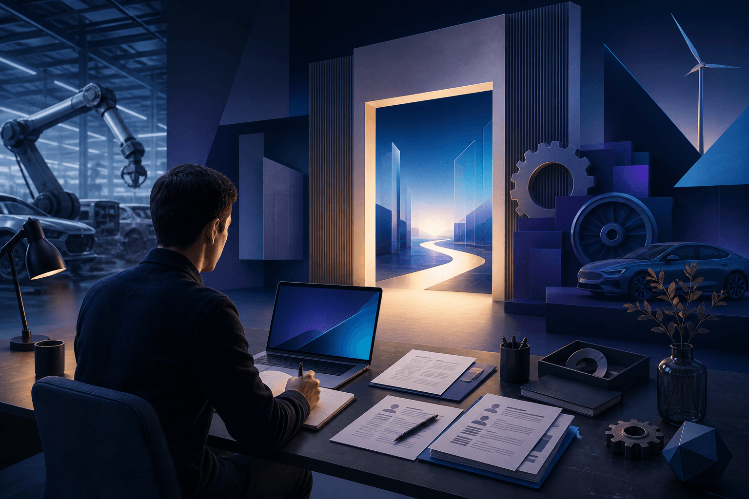Modern editorial illustration of a job seeker preparing a BMW Group application beside manufacturing and office-work symbols, shown in a dark blue, violet, and cyan palette.
