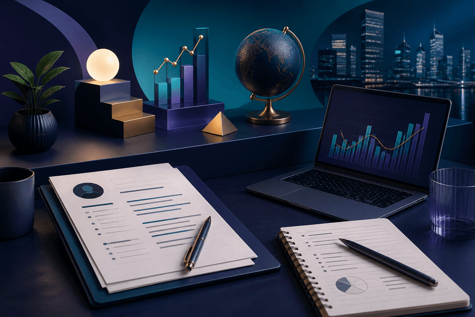 Editorial illustration for a BNP Paribas hiring guide showing finance and technology job-search themes with resumes, interview notes, charts, and abstract office elements.