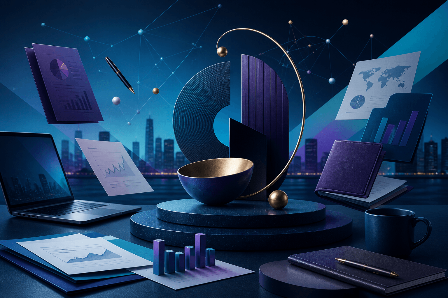 Editorial illustration for a BNY hiring guide, showing finance and technology work tools on a modern desk with abstract city and data motifs.