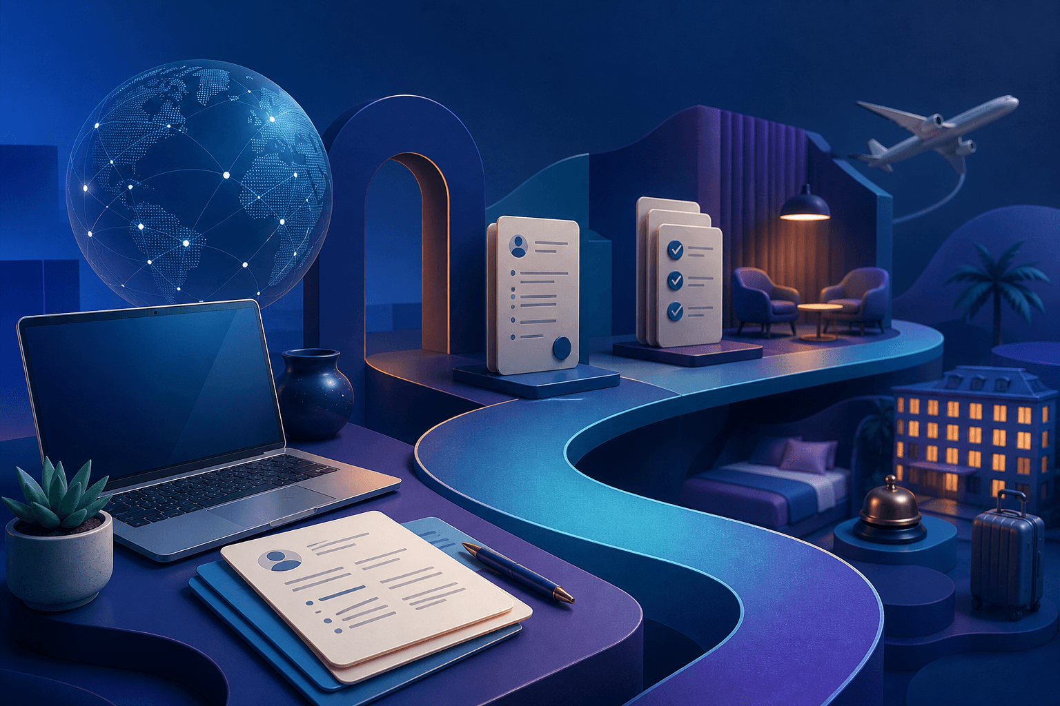 Editorial illustration for a guide on how to get a job at Booking Holdings, showing a modern hiring journey with travel and corporate work themes.