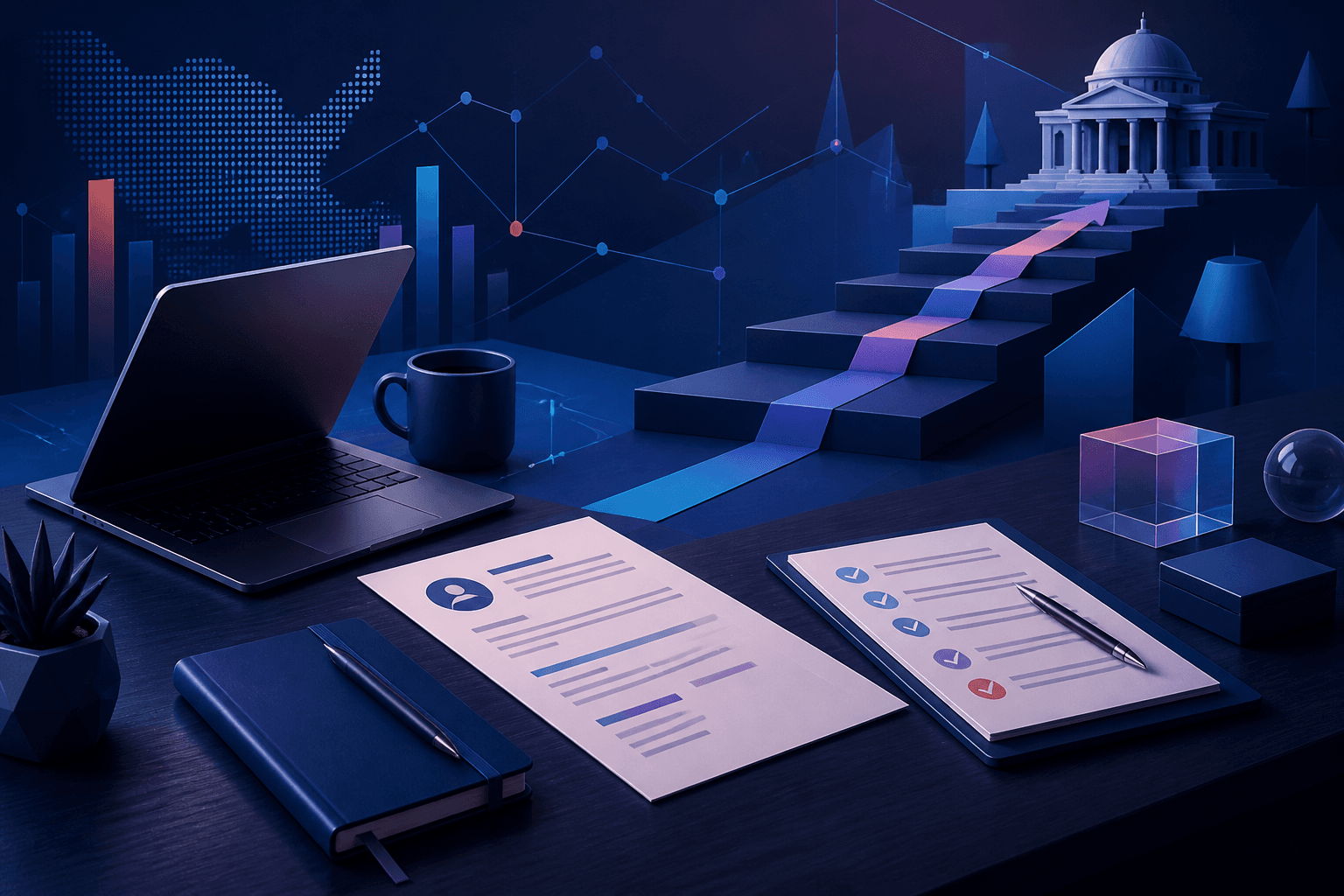 Editorial illustration for a guide on getting hired at Booz Allen Hamilton, showing a modern office workspace with resume pages, a laptop, interview notes, and abstract technology shapes.