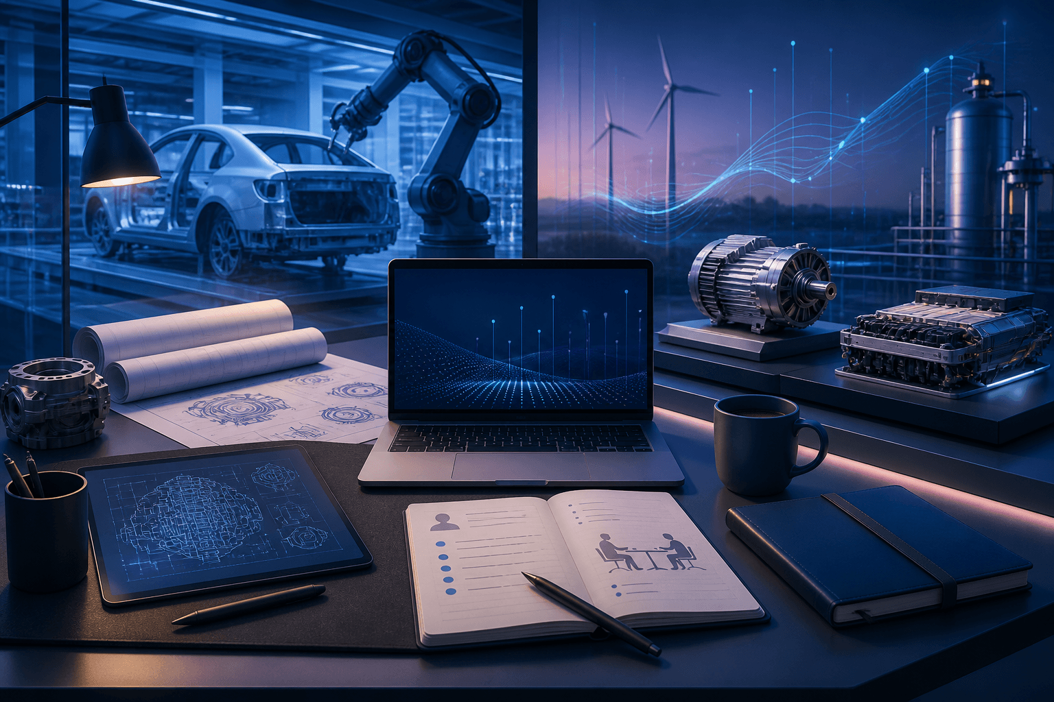 Editorial illustration for a guide on how to get a job at Bosch, showing a modern manufacturing and technology workspace with interview and application themes.