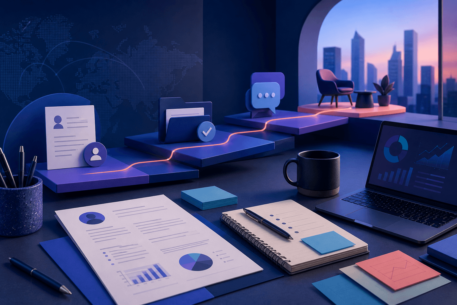 Editorial illustration for a guide on how to get a job at Boston Consulting Group, showing a polished workspace with interview notes, a resume, charts, and abstract office shapes.