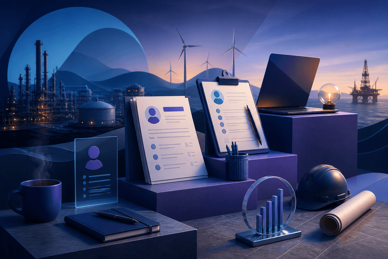 Editorial illustration for a guide on how to get a job at BP, showing a job search workflow with resume pages, interview notes, and industrial and energy-themed elements.