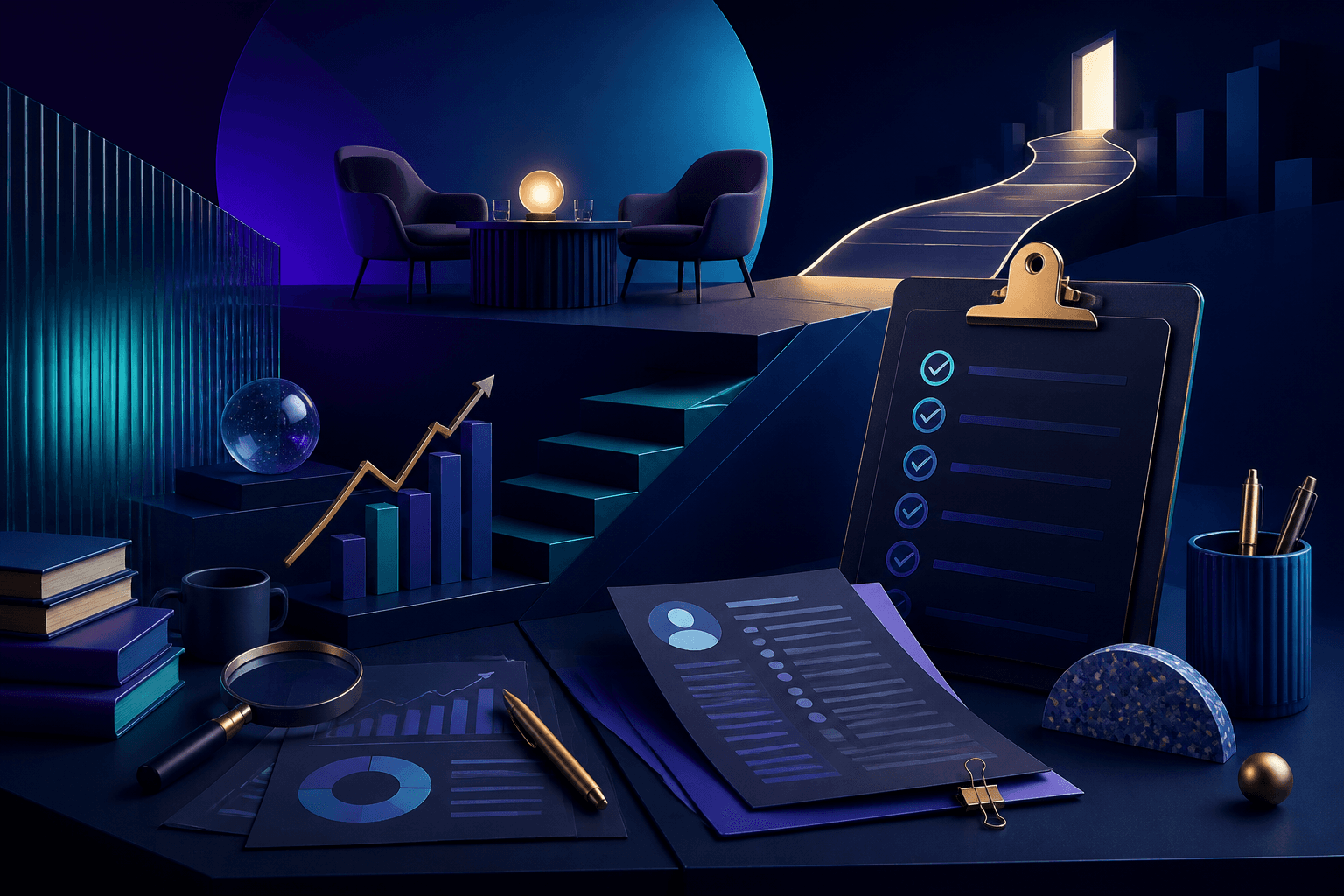 Editorial illustration for a Brex hiring guide showing a fintech career path with abstract office tools, charts, and interview prep elements on a dark blue and violet background.