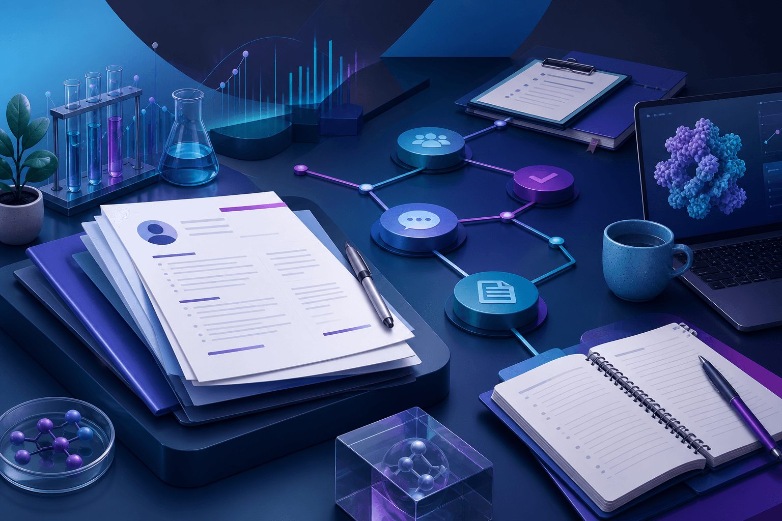Editorial illustration for a guide on how to get a job at Bristol Myers Squibb, showing a job application, interview notes, and scientific and business workplace symbols.