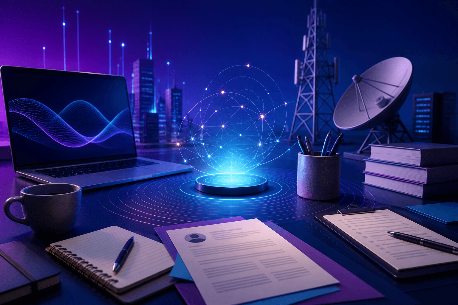 Editorial illustration for a BT Group hiring guide showing a telecom workplace, laptop, signal lines, and interview preparation elements in a dark blue and violet color palette.