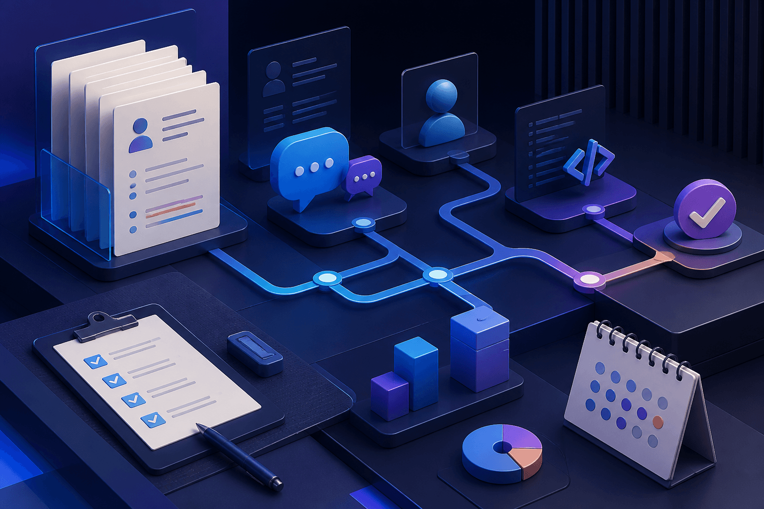 Editorial illustration for a ByteDance hiring guide showing a modern tech recruitment workflow with resume, interview, and analytics elements in a dark blue and violet style.