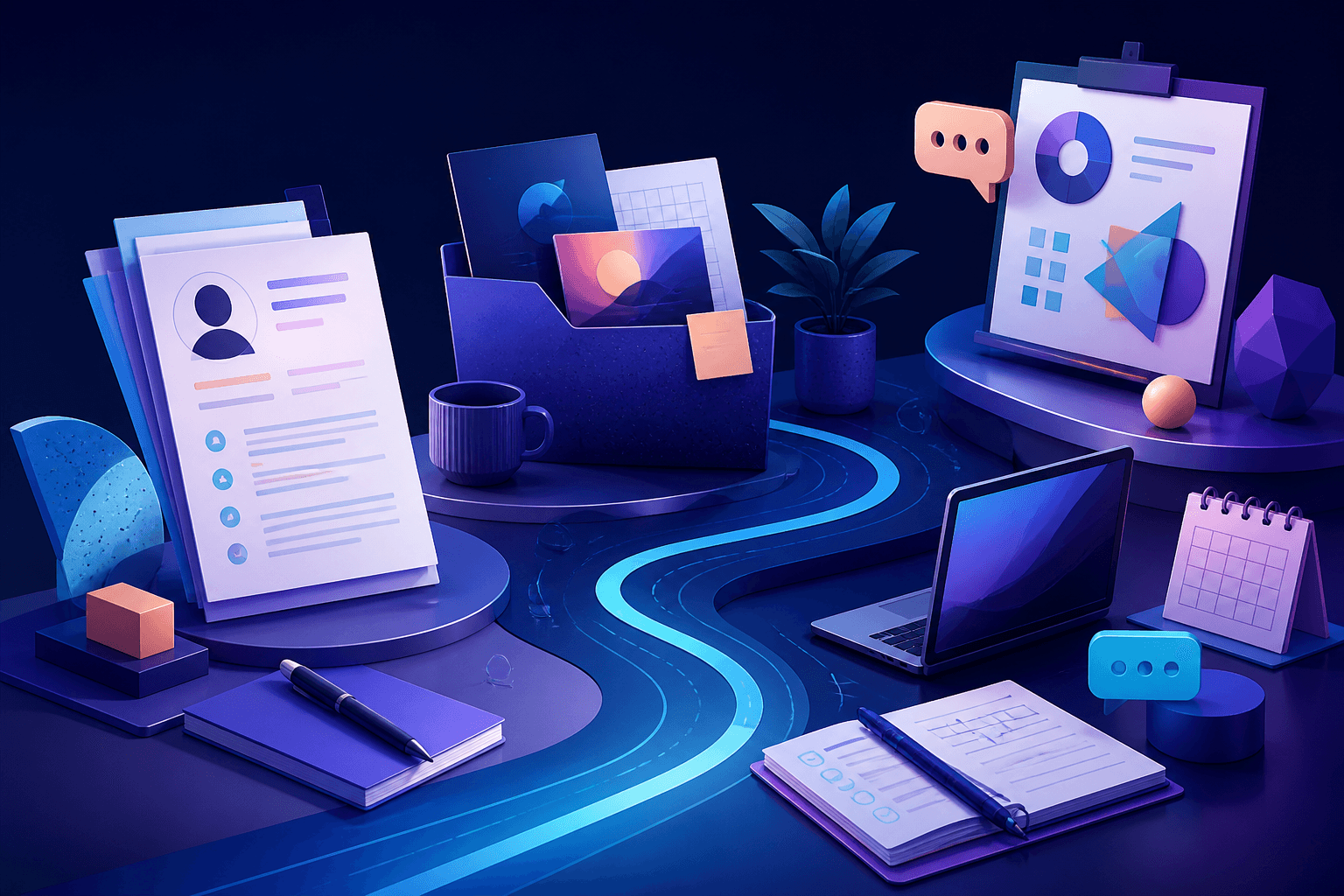 Editorial illustration for a guide on how to get a job at Canva, showing a modern hiring journey with resume, interview, and portfolio elements in a dark blue and violet style.