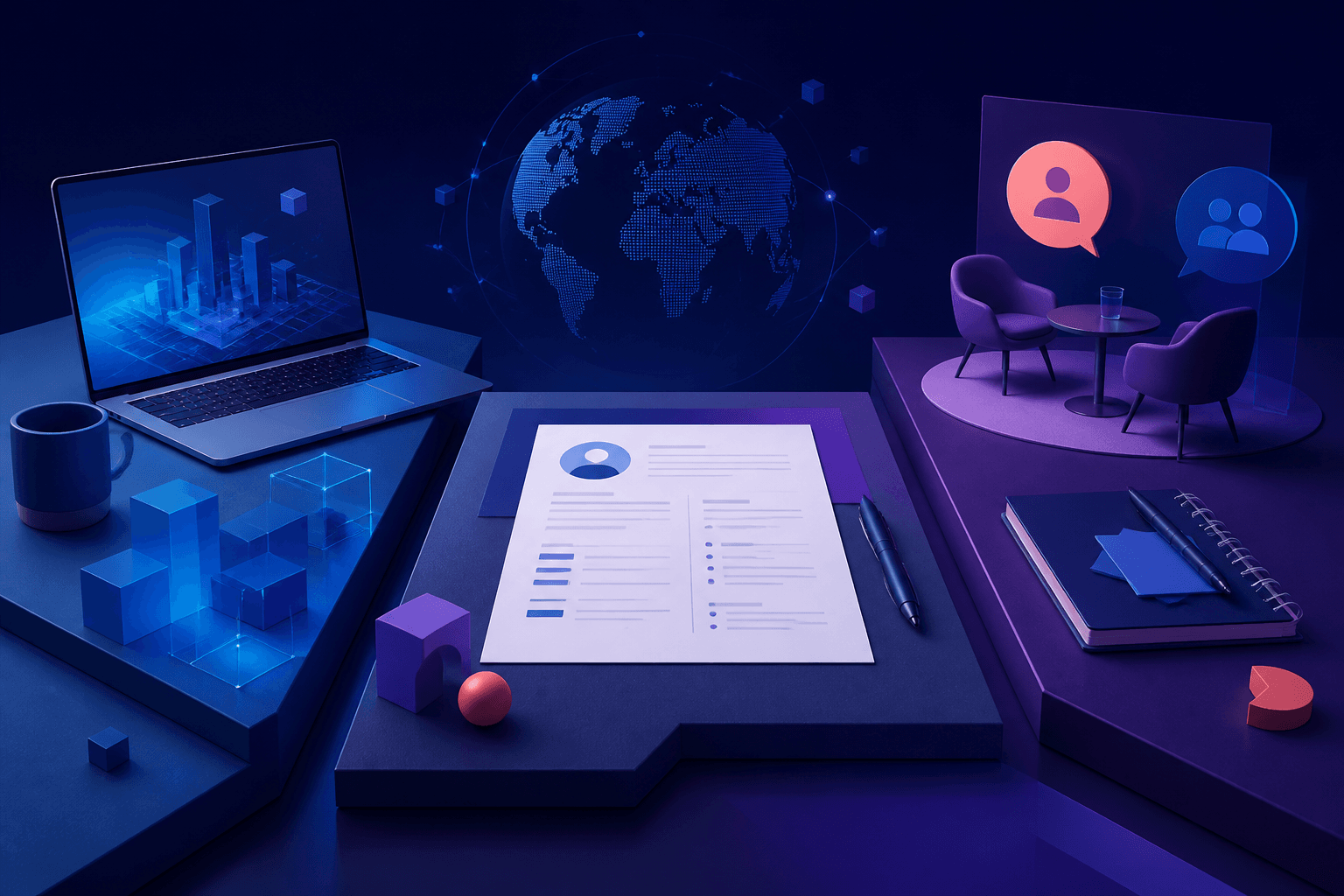 Editorial illustration for a guide on how to get a job at Capgemini, showing a modern hiring journey with resume, interview, and teamwork motifs.