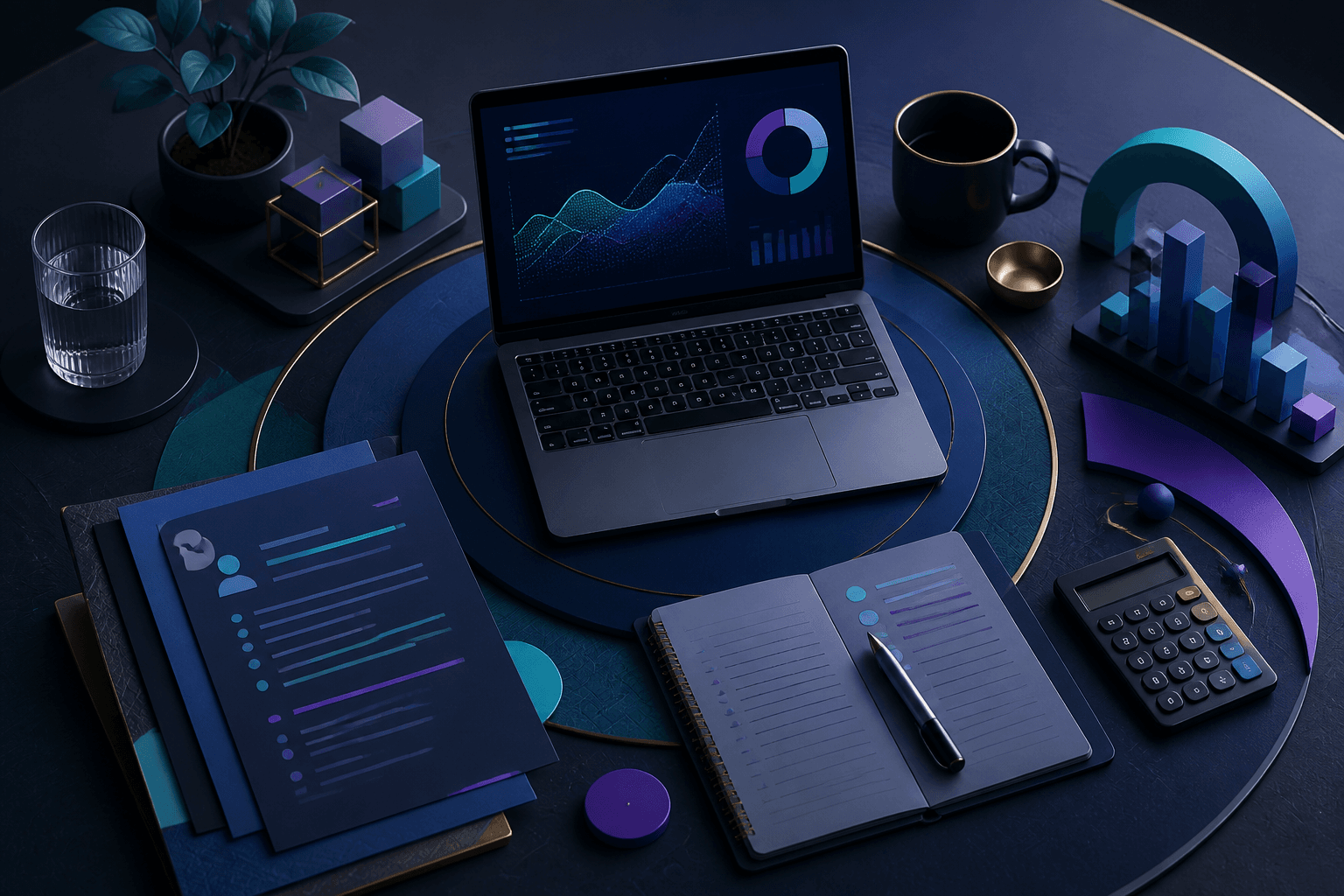 Editorial illustration for a Capital One hiring guide showing a job seeker workspace, analytics charts, interview notes, and abstract finance-tech visuals on a dark blue and violet background.