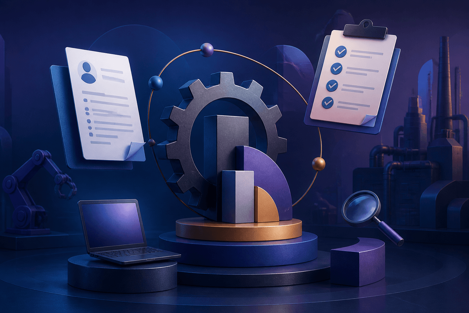 Editorial illustration for a guide on how to get a job at Caterpillar, showing industrial workplace icons, resume documents, and interview preparation in a modern dark blue and cyan style.