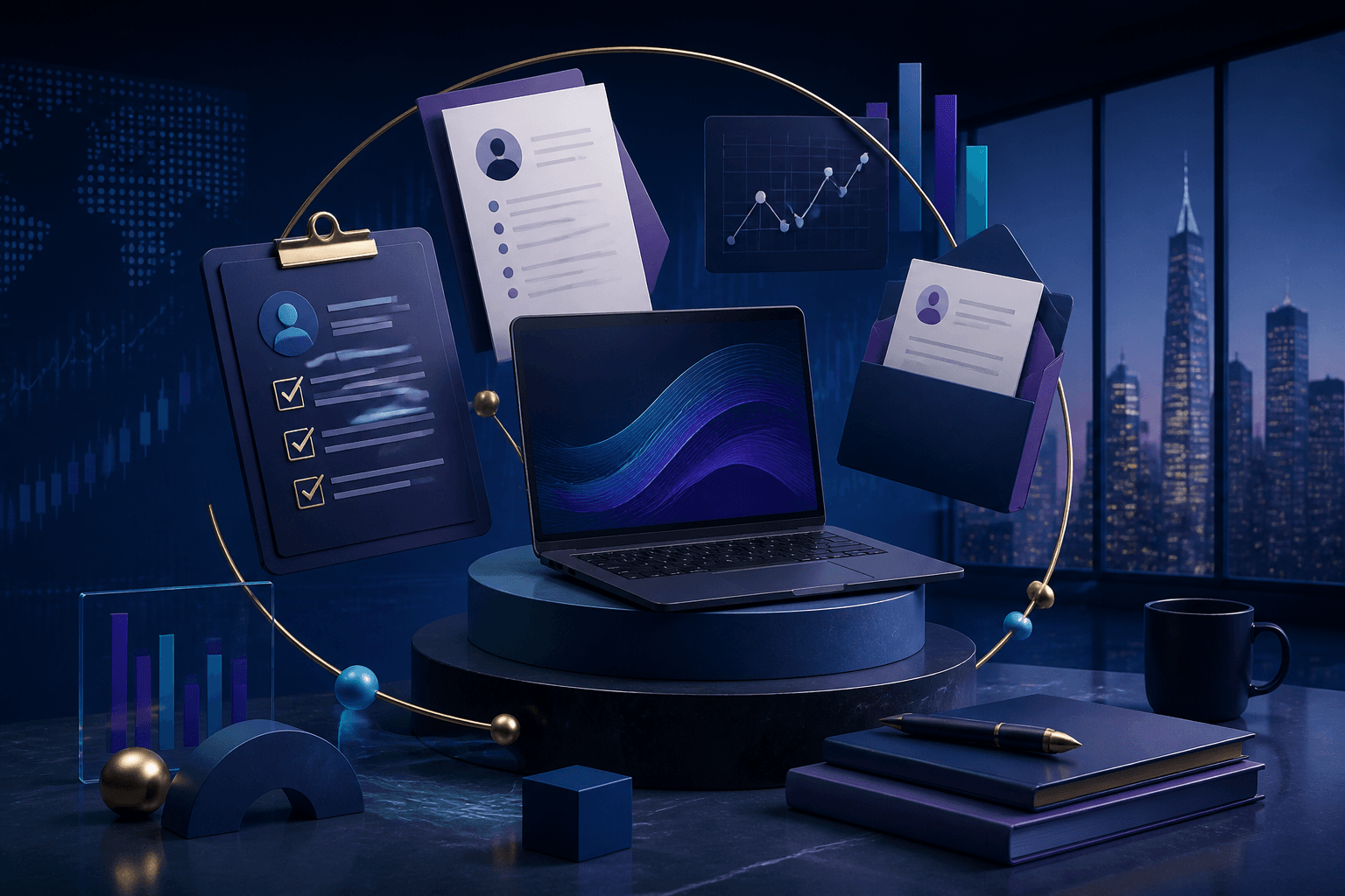 Editorial illustration for a Charles Schwab hiring guide showing finance and technology career concepts in a modern office setting.