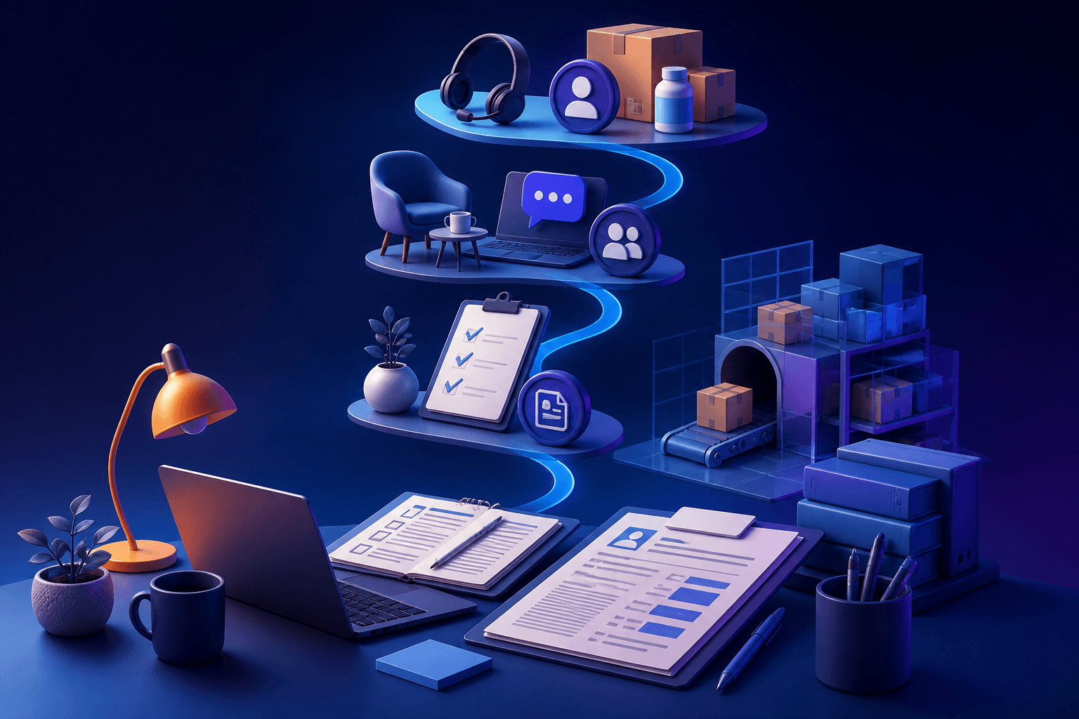 Editorial illustration for a guide on how to get a job at Chewy, showing a job seeker workspace with resume pages, laptop, checklist, and subtle ecommerce and operations imagery in dark blue and violet tones.
