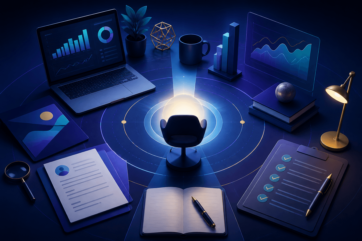 Editorial illustration for a guide on how to get a job at Chime, showing a fintech hiring workspace with resume pages, interview checklist, laptop, charts, and abstract digital shapes.