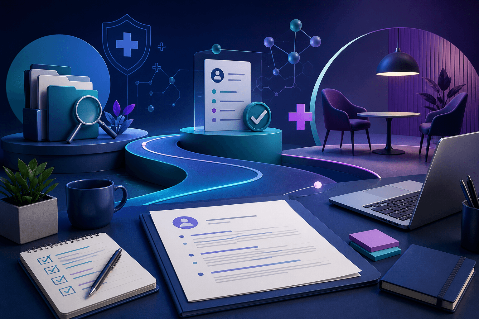 Editorial illustration for a guide on how to get a job at Cigna, showing healthcare and workplace themes with documents, a laptop, and abstract data visuals.