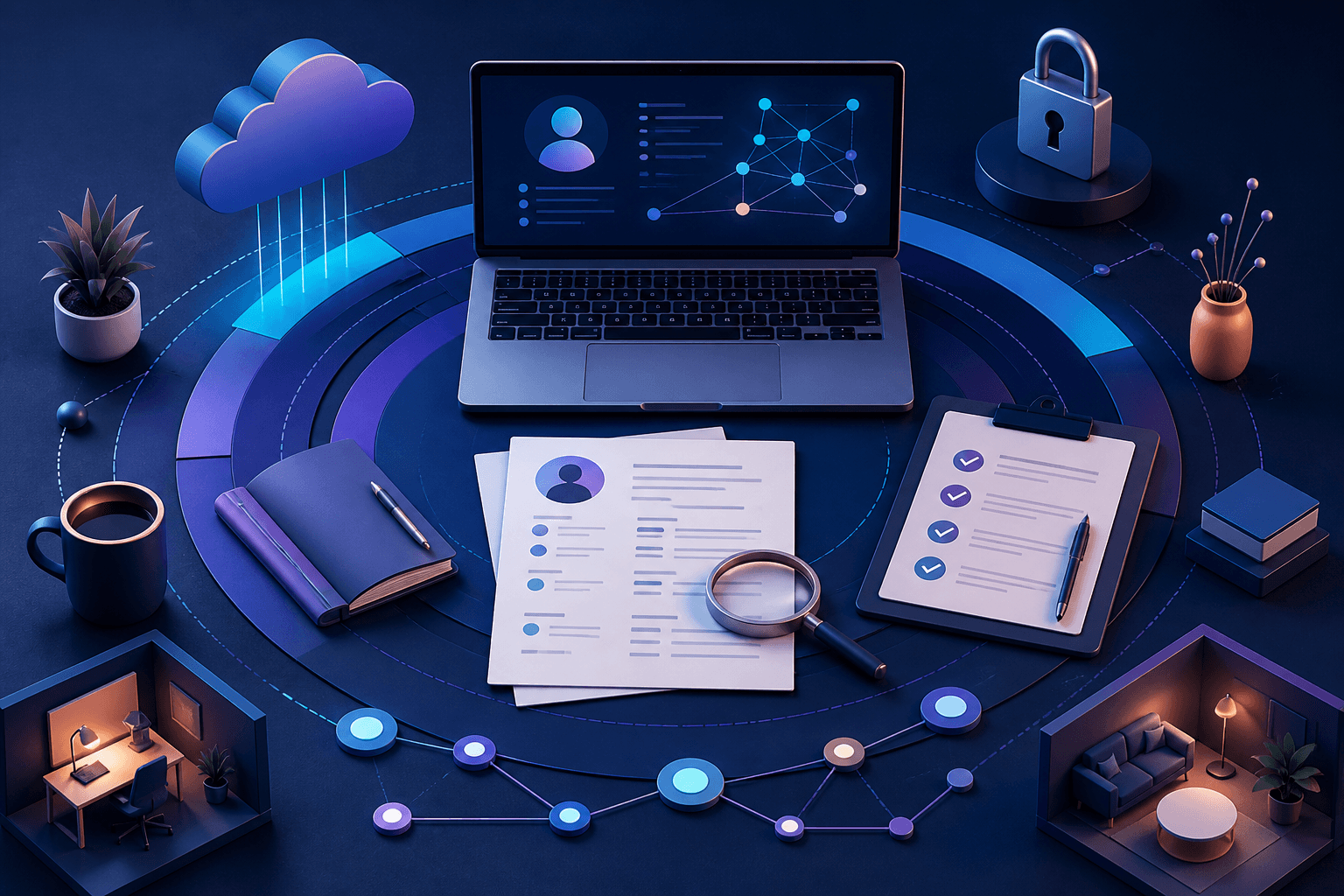 Editorial illustration for a Cisco hiring guide showing a modern tech workspace with abstract network lines, laptop, interview notes, and career path symbols in dark blue, violet, and cyan.