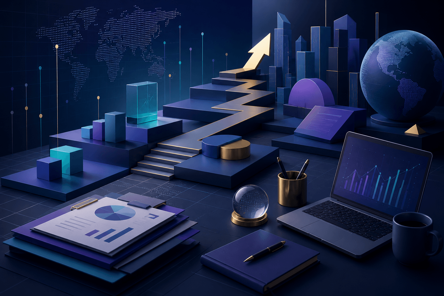 Modern editorial illustration for a guide about getting hired at Citigroup, showing finance and technology work themes with abstract office elements.