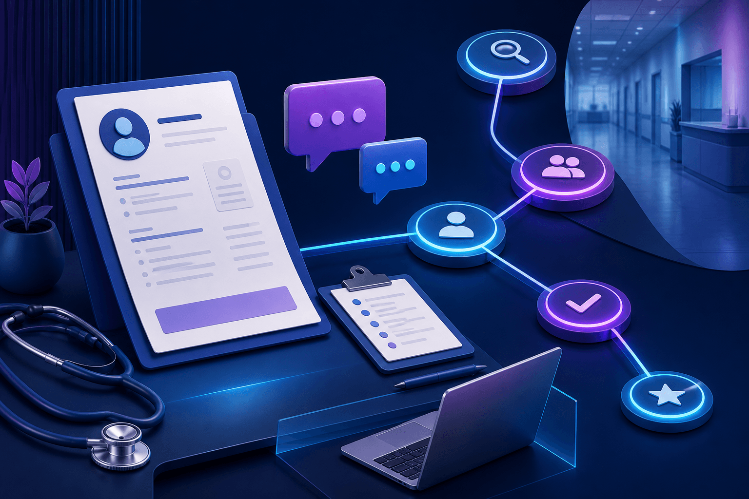 Editorial illustration of a healthcare hiring workflow with resume, interview, and clinical teamwork elements for a Cleveland Clinic job-search guide.