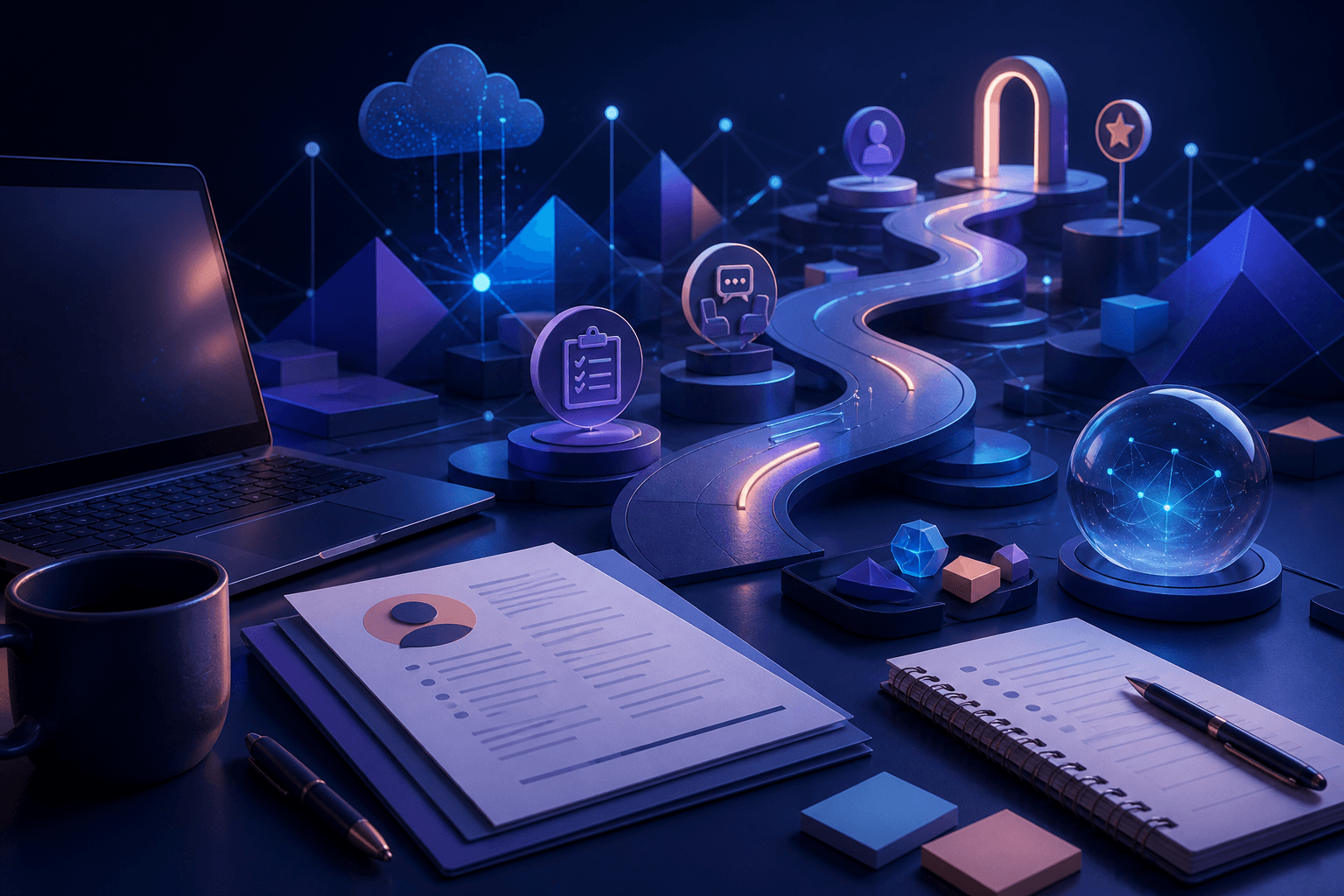 Editorial illustration for a guide on how to get a job at Cloudflare, showing a modern workspace with abstract network lines, laptop, interview notes, and career symbols in a dark blue, violet, and cyan palette.