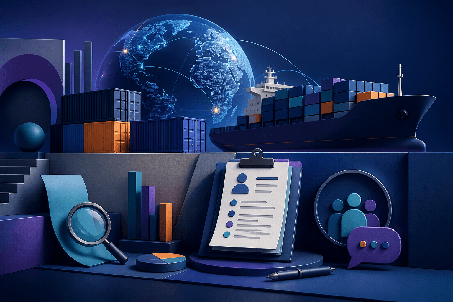 Editorial illustration for a CMA CGM job search guide showing logistics, shipping, and global hiring concepts.