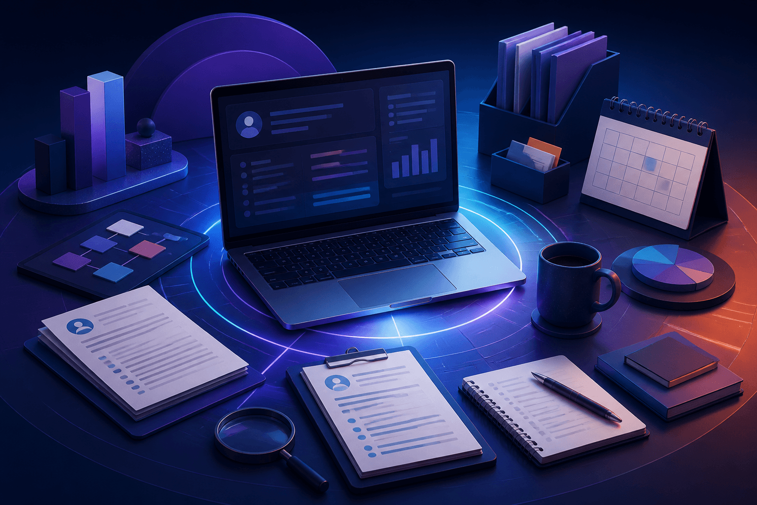 Editorial illustration for a guide on how to get a job at Coca-Cola, showing a modern hiring workspace with resume pages, a laptop, analytics charts, interview notes, and abstract office shapes in dark blue, violet, and cyan.
