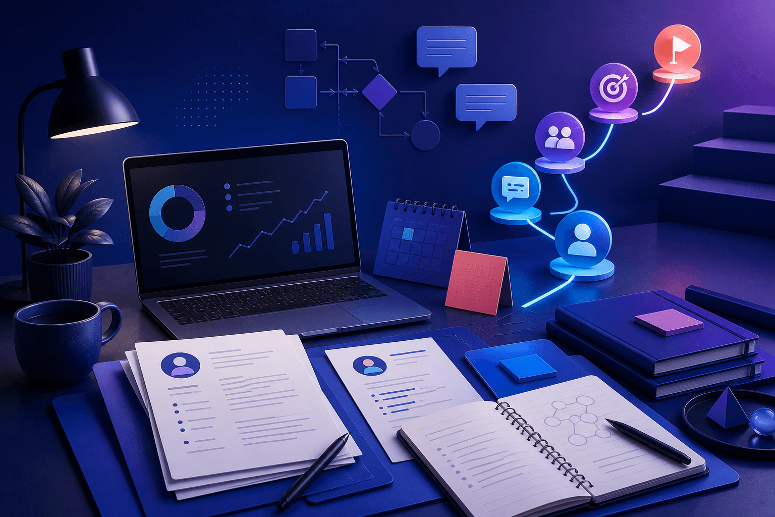 Editorial illustration showing a job seeker preparing for a Cognizant application, with resume documents, interview notes, and abstract workplace graphics in a dark blue and violet theme.