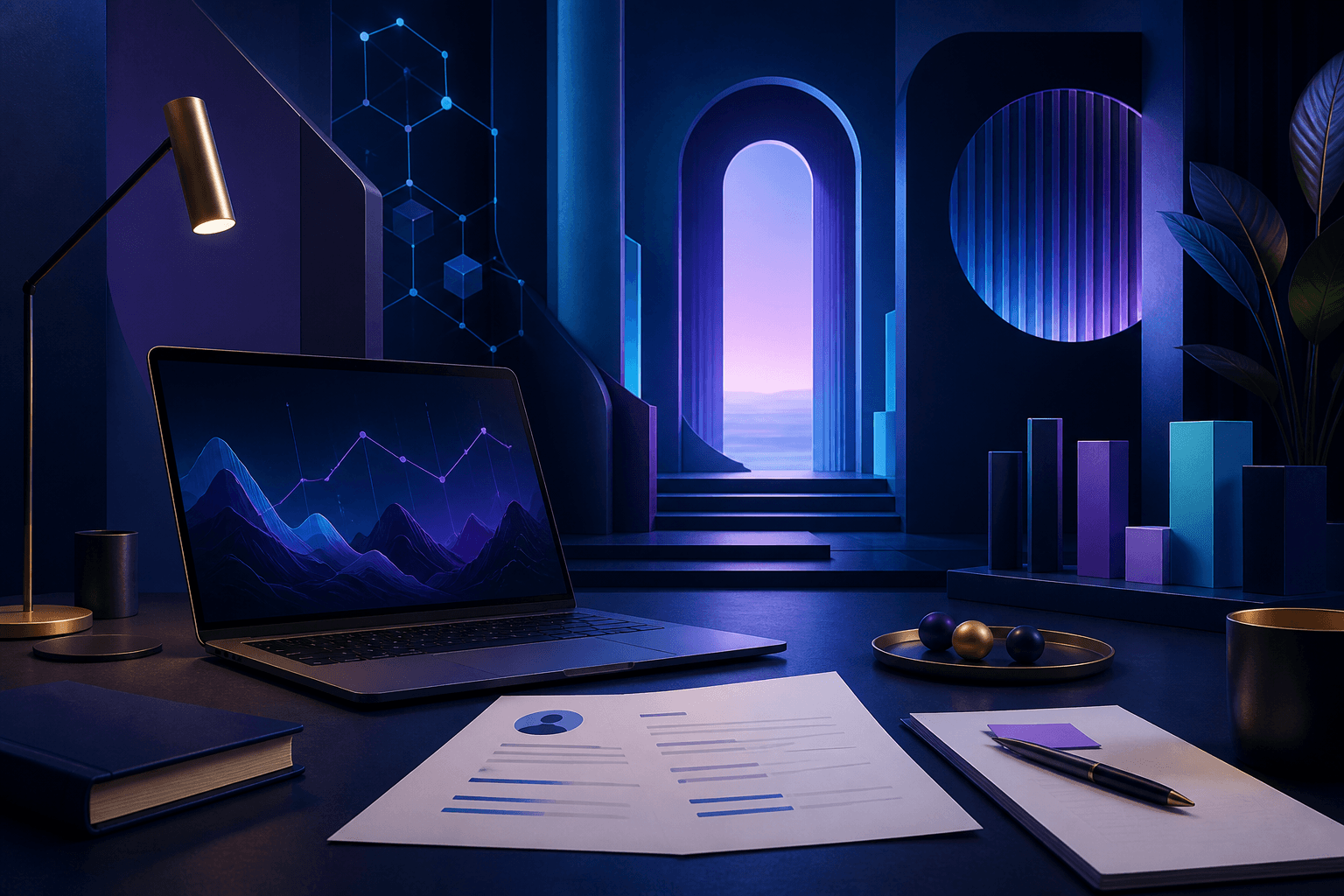 Editorial illustration for a Coinbase hiring guide showing a fintech workspace with laptop, charts, and abstract blockchain-style geometry in dark blue, violet, and cyan tones.