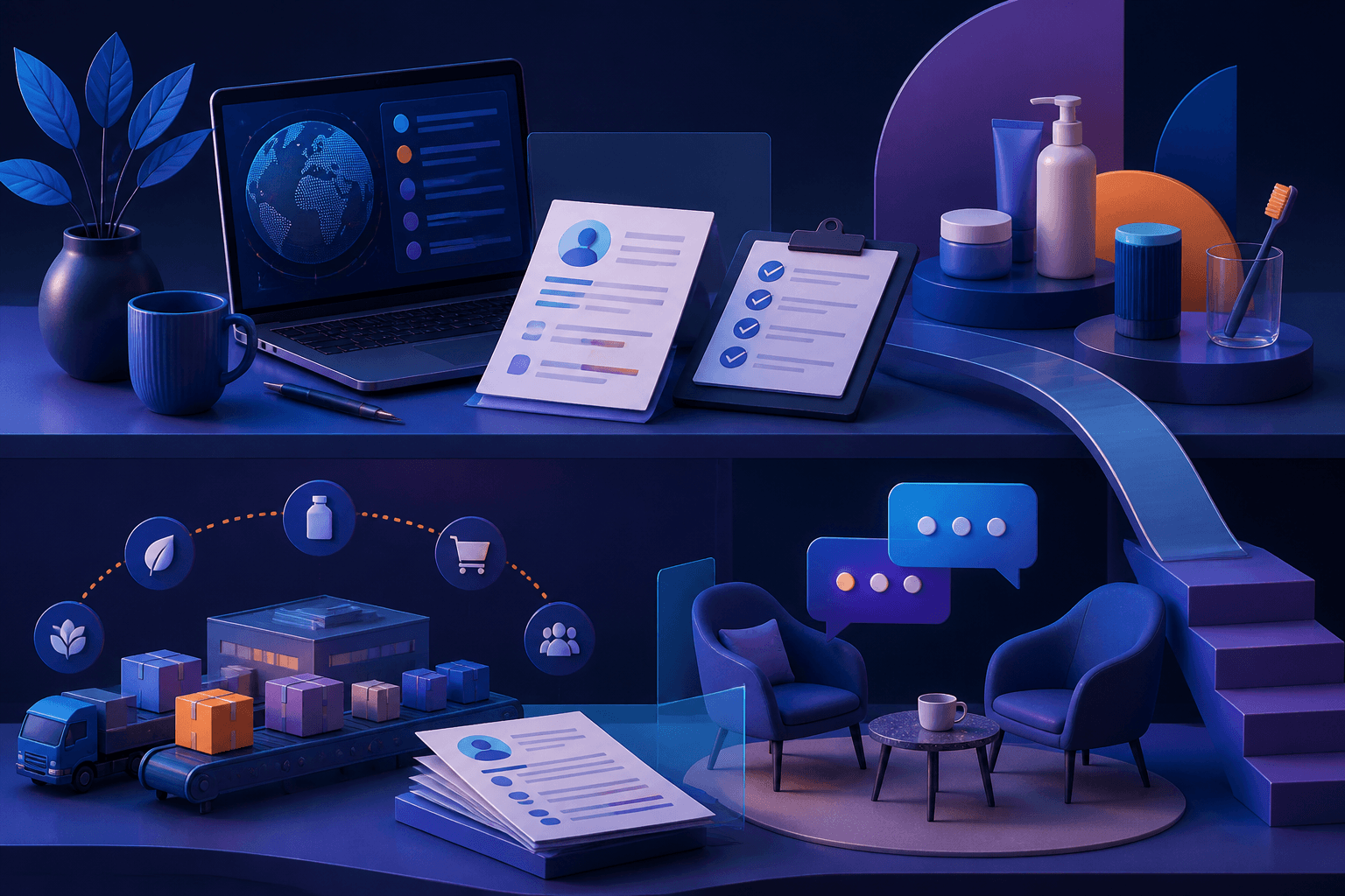 Editorial hiring guide illustration for Colgate-Palmolive job seekers with abstract office and product-workflow elements