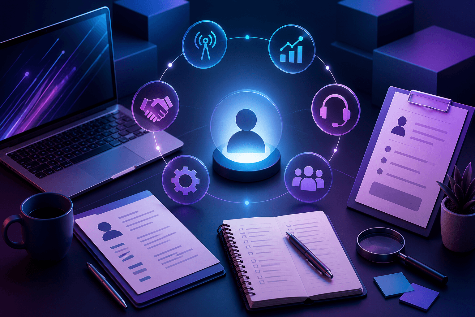 Editorial illustration for a guide on how to get a job at Comcast, showing a modern hiring workspace with laptop, resume documents, interview notes, network icons, and abstract office shapes in dark blue, violet, and cyan.