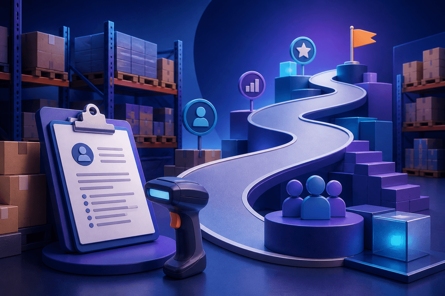 Editorial illustration for a guide on how to get a job at Costco, showing a retail warehouse setting with a resume, clipboard, shipping boxes, and abstract work icons in a dark blue, violet, and cyan color palette.
