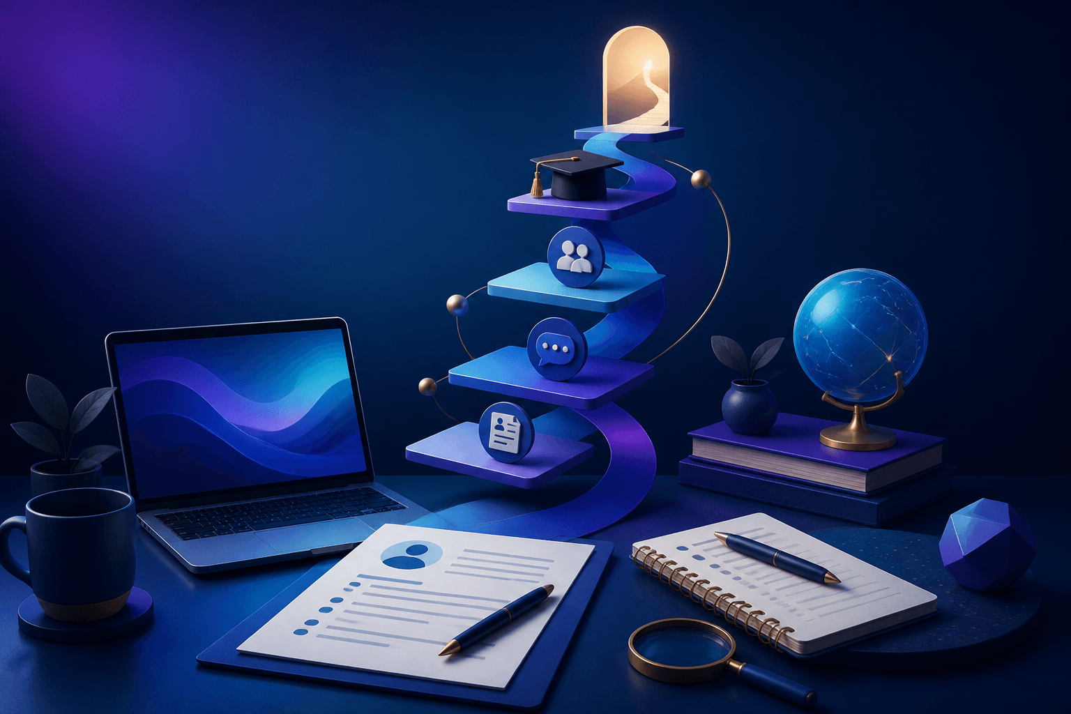 Editorial illustration for a guide on how to get a job at Coursera, showing a modern workspace with abstract career-path elements and learning-themed objects.