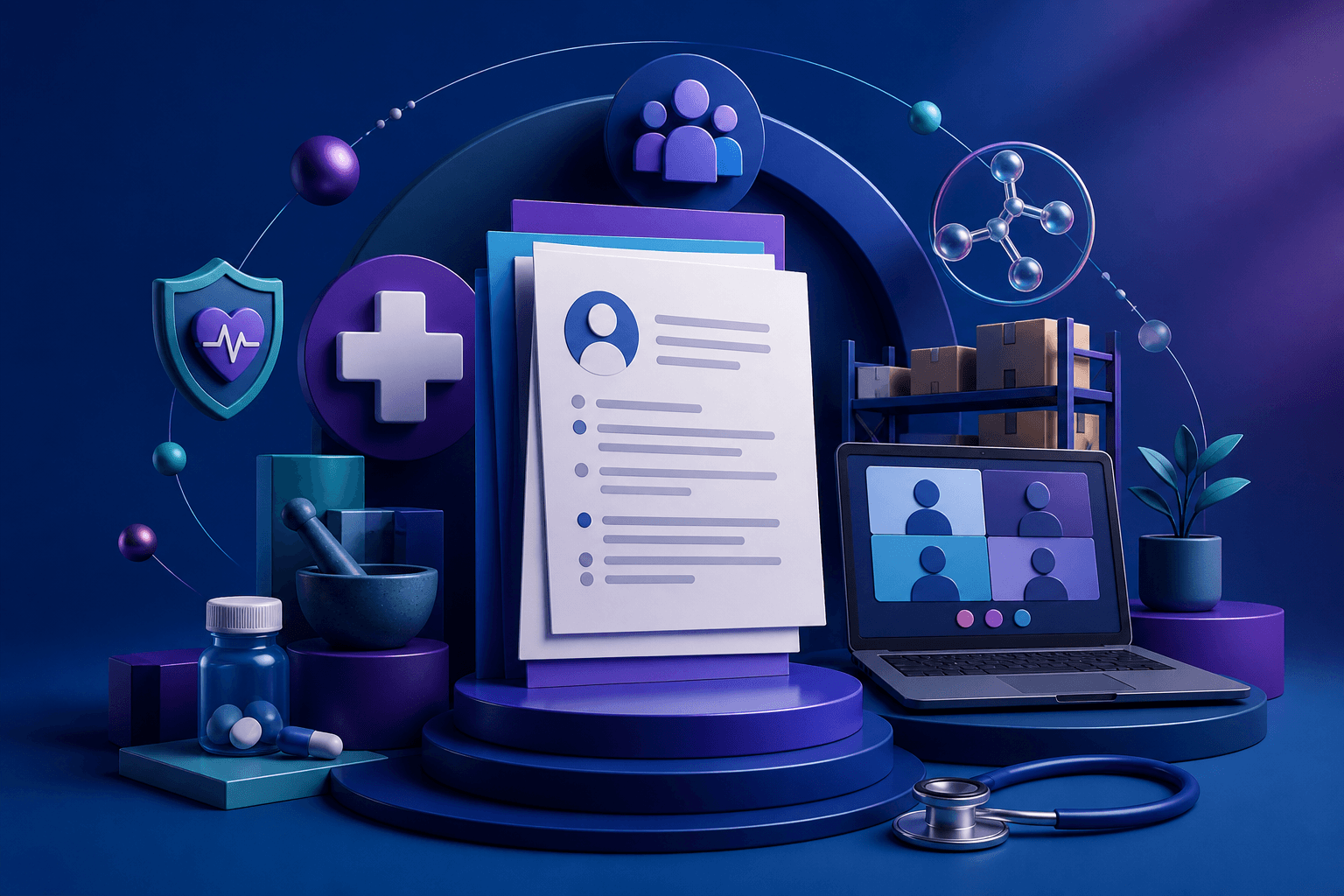 Editorial illustration of a healthcare hiring journey with resume pages, interview screen, and workplace icons in a dark blue, violet, and cyan palette.