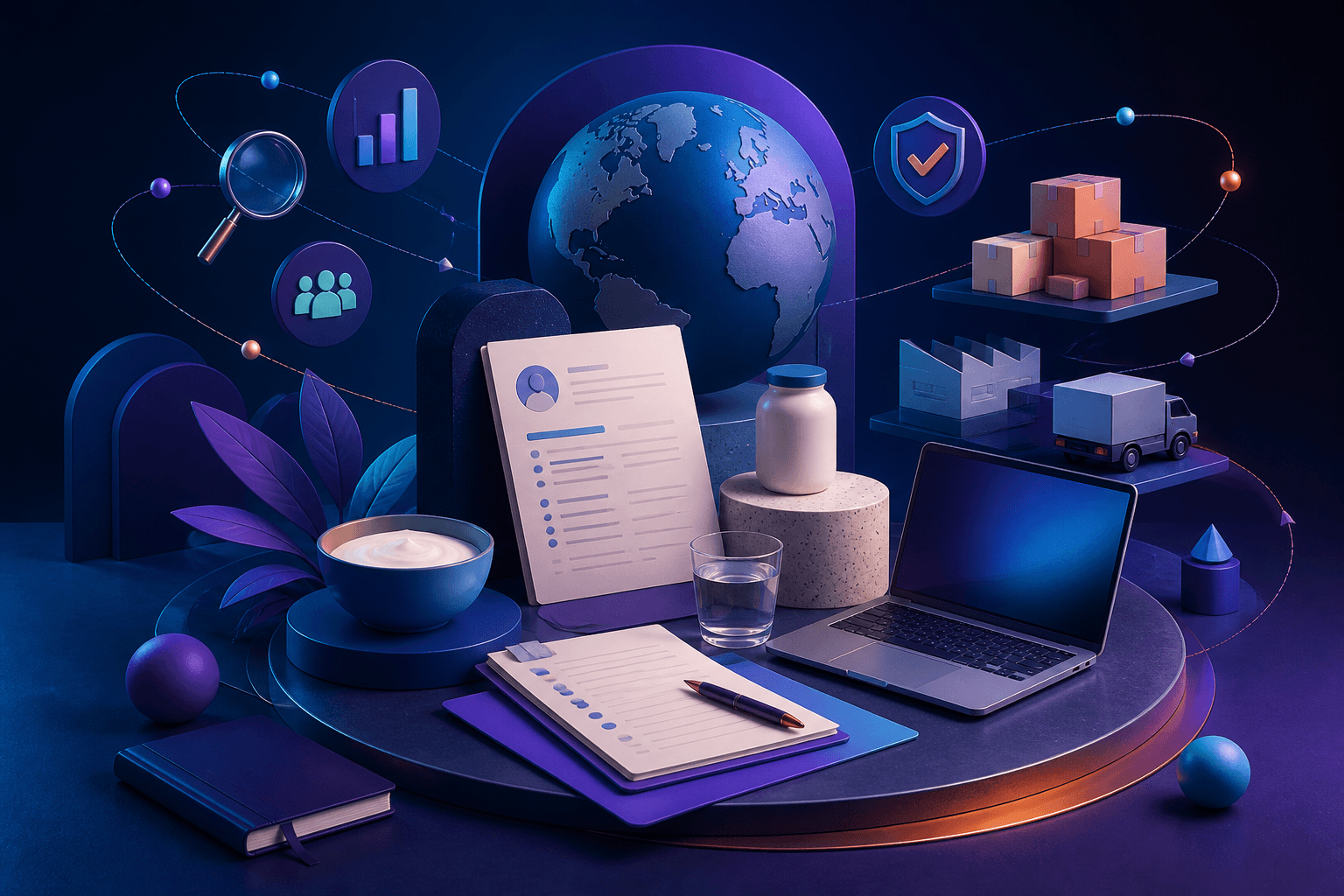Editorial illustration for a guide on how to get a job at Danone, showing a modern workplace scene with a resume, interview notes, and consumer-industry icons.