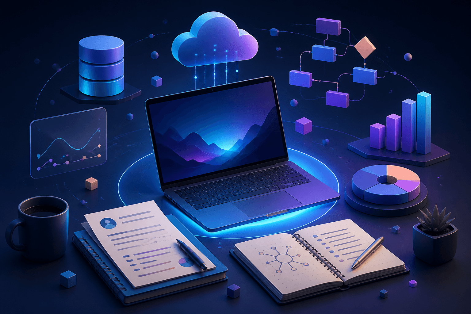 Editorial illustration for a Databricks job search guide showing a candidate preparing a resume, laptop screens, interview notes, and cloud-data motifs in a modern workplace scene.
