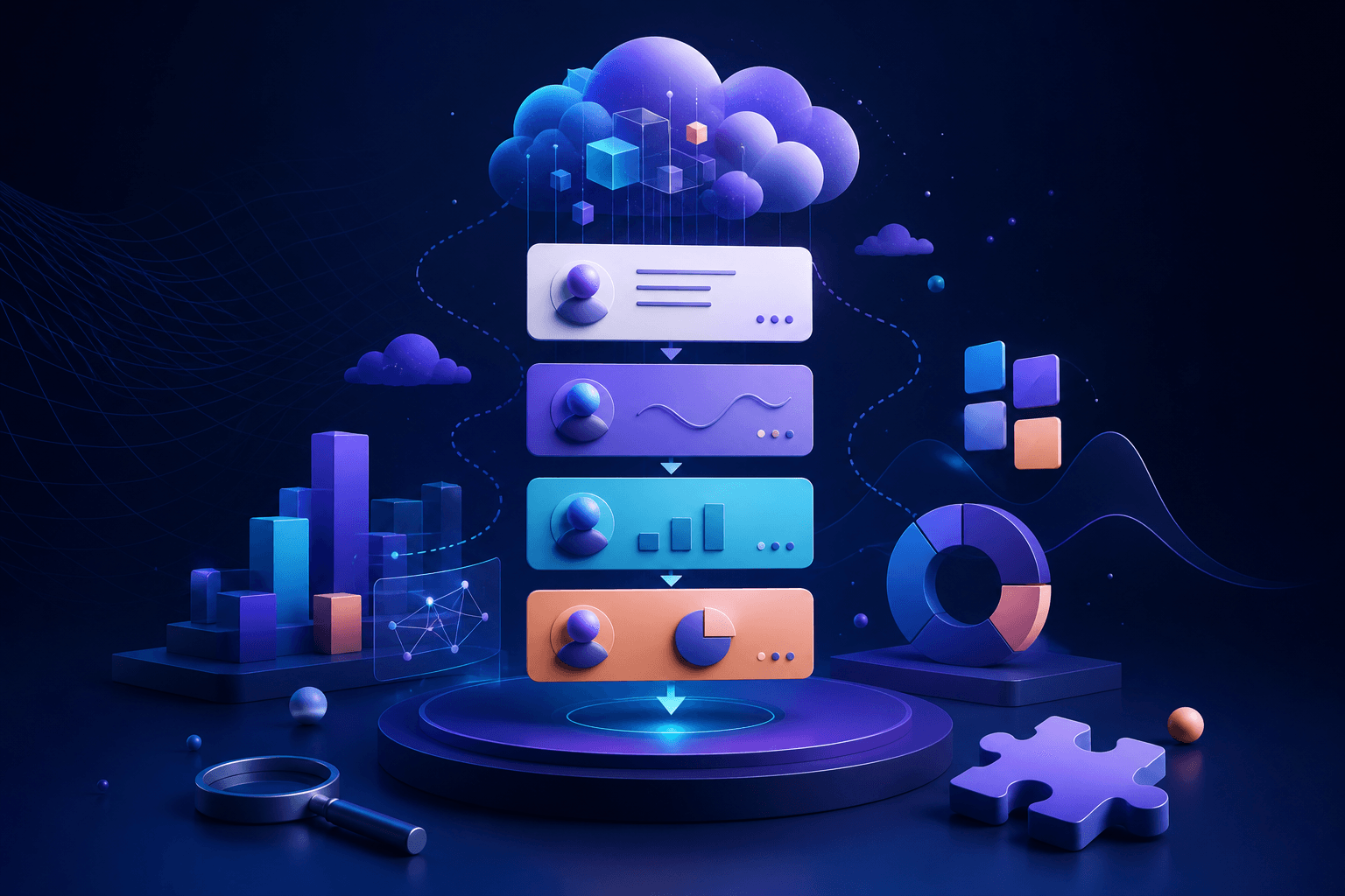 Editorial illustration for a Datadog hiring guide showing a modern hiring journey with abstract dashboards, interview cards, and workplace motifs in dark blue, violet, and cyan.