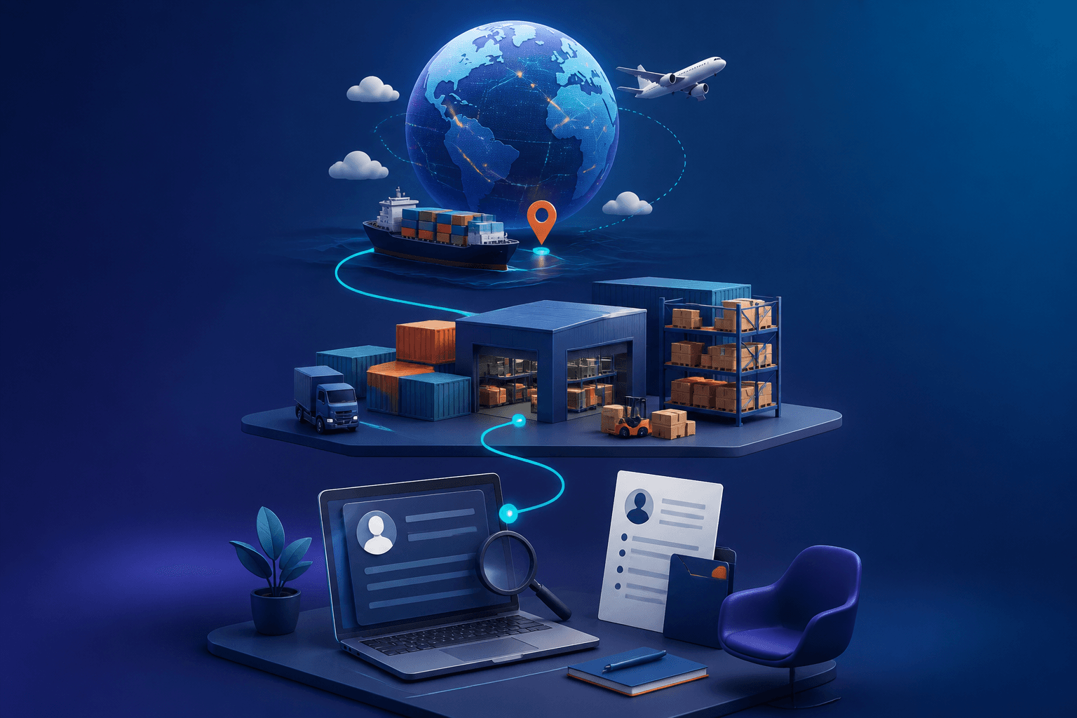 Editorial illustration for a DB Schenker hiring guide showing logistics and office work concepts in a modern dark blue and violet style.