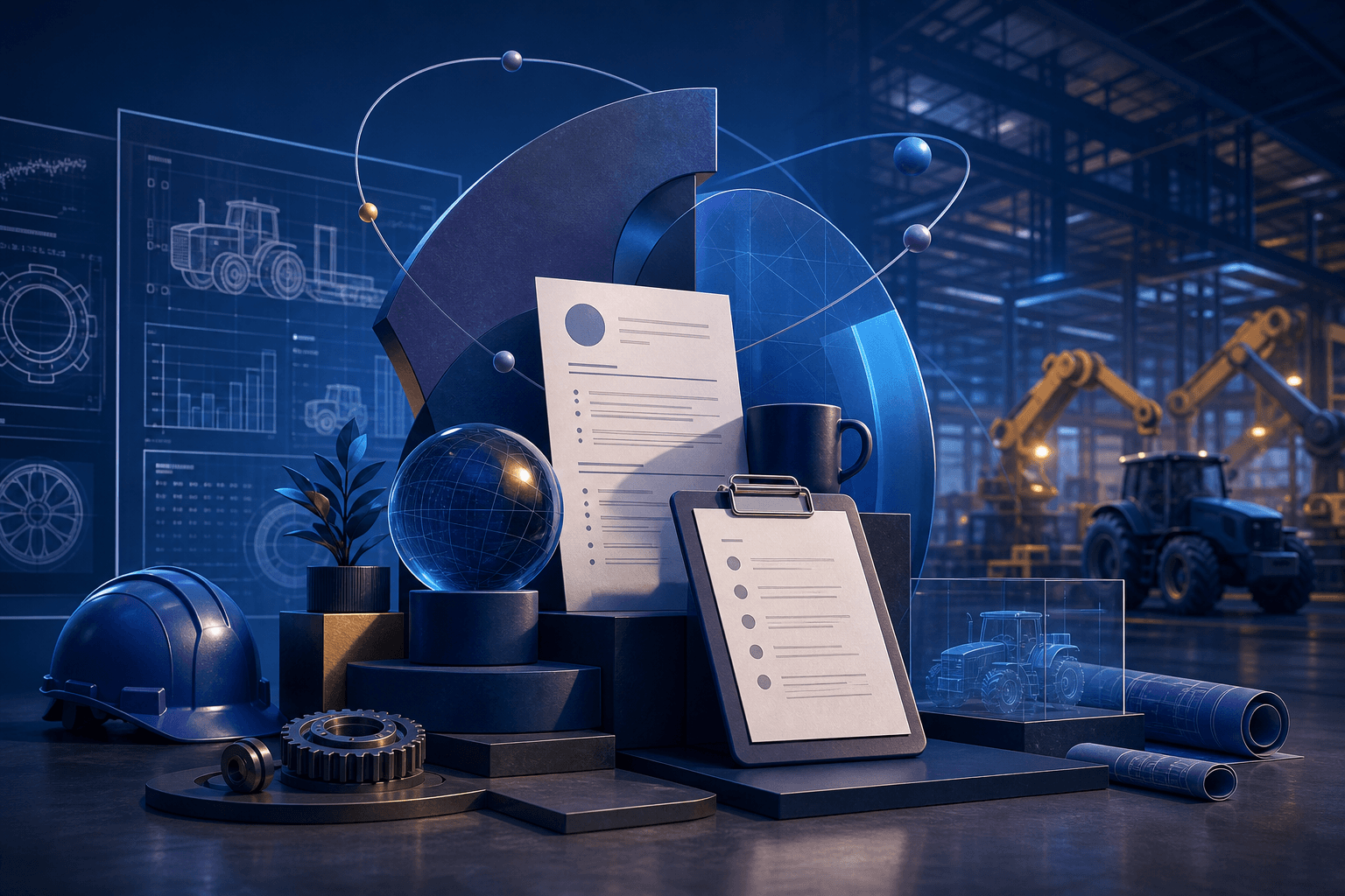 Editorial illustration for a guide on how to get a job at Deere & Company, showing manufacturing, engineering, and hiring preparation concepts.
