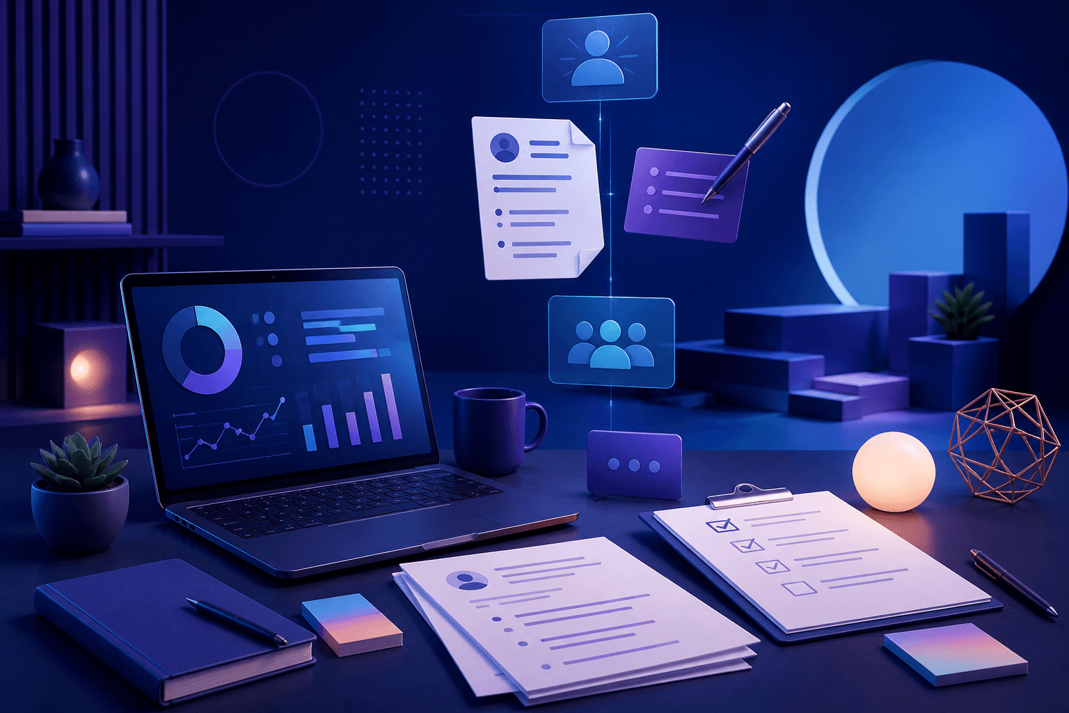 Editorial illustration for a guide on how to get a job at Dell Technologies, showing a modern job-search workspace with resume pages, interview checklist, laptop, charts, and abstract tech shapes.